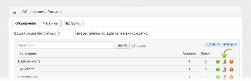 Изменение лимита для категории