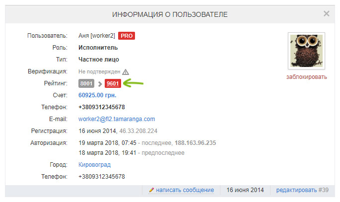 Рейтинг в окне «Информация о пользователе»