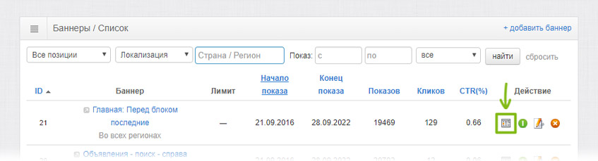 Просмотр статистики по баннеру