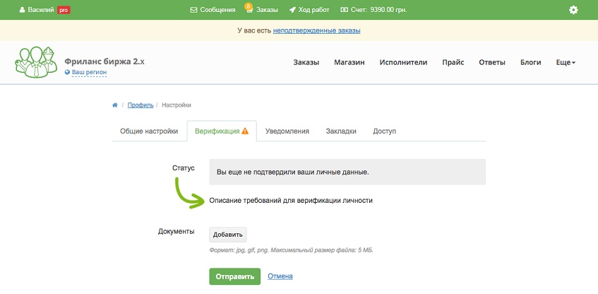 Описание требований к верификации в профиле пользователя